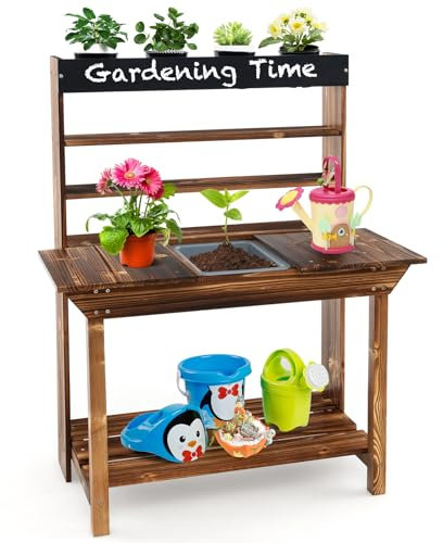 COSTWAY Kids Potting Bench Table, Wooden Mud Kitchen with Removable Sink, 4 Flower Pots, Chalkboard, Toy Gardening Center for Boys Girls Ages 3-7