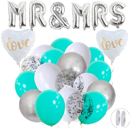 60 Stück Hochzeit Luftballon Türkis Weiß MR & MRS Foil Silber Ballons Deko Hochzeit Ballons Hochzeitsballons 30 cm Ballon Türkis Weiß Silber