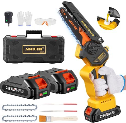 Motosierra a Bateria 8000mAh, APROTII Mini Motosierra Eléctrica de 6‘’con 4.0 Ah Baterías, Tensión y Cambio de Cadena sin Herramientas, Tanque de Aceite 30ML, Compatible con batería Makita 18V