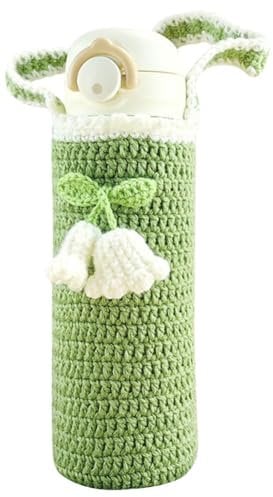 Handmade Crochet Water Bottle Holder with Handle Strap, Crochet Lily of The Valley Cup Sleeves Thermal Insulation Bottle Sleeve Boho Bottle Carrier for Hiking Cycling Fitness,Green