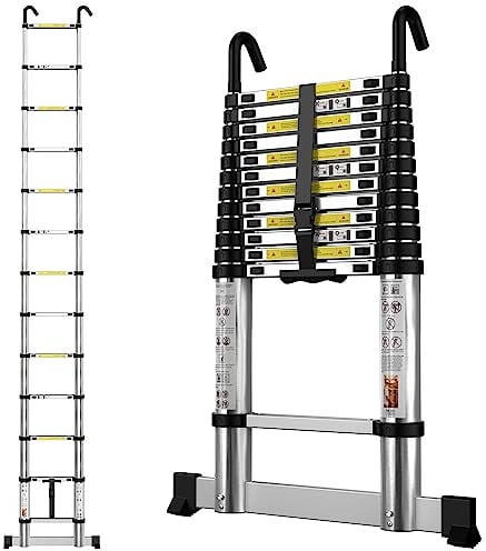 gymount Teleskopleiter 3,8 m, Leiter Ausziehbar mit Stabilisator und Abnehmbaren Haken, Alu-Klappleiter, Mehrzweckleiter, Stehleiter, Haushaltsleiter, Außenleiter, 150 kg Belastbarkeit