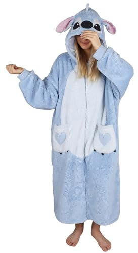 Disney Stitch Blau, Damen Sweatshirt, Morgenmantel, Kapuzendecke, Snuddie, lang, Zip-up M-L
