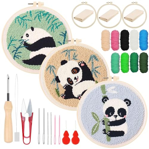 Woohome DIY Needle Punch Handwerk Stickerei, Punch Needle Set für Anfänger, Sticktuch mit Muster, Stickrahmen Fäden, Anleitung (Panda und Bambus)