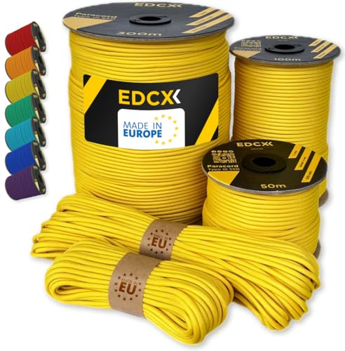 EdcX Paracord 4mm, 35+ Solid Colors (10m, 15m, 30m, 50m, 100m, 300m) | Ideal for Crafting, DIY, Camping, Survival, Outdoor | 100% Nylon Rope 4mm | Tactical Cord 550 Type III (Yellow, 3 m)