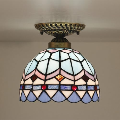 LOGT Tiffany Deckenleuchte Vintage Tiffany Lampe Mediterrane Style Kronleuchter Handgefertigte Kunst Glas Lampenschirm Deckenlampe Bunte Runde Retro Deckenbeleuchtung Barock 20CM Wohnzimmer Leuchte