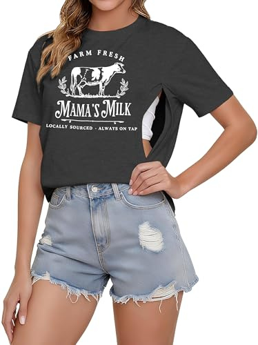 Women's Nursing Shirts for Breastfeeding Zipper Short Sleeves Mama Shirt Causal Maternity Nursing Graphic Tees Tops