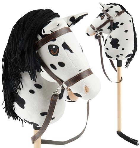 Bieco Hobby Horse Steckenpferd Schecke - Größe S, mit Trense | Abnehmbarer Stock & Schweif, für Springreiten, Dressur & Spielen | Hobby Horse Pferde