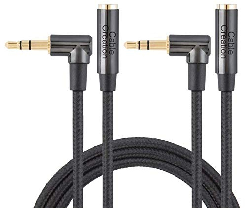 CableCreation 3.5mm Aux Extension, Right Angle Male to Female Audio Stereo Cable,Jack HiFi Cable with Silver-Plating Copper Compatible with Phones, Echo-Dot, PS4 Headset, Black [2-Pack 6FT/180CM] | Right Angle 3.5mm Jack HiFi Cable with Silver-Plating Copper for Phones, Echo-Dot, PS4 Headset, Laptops, Speaker, Black