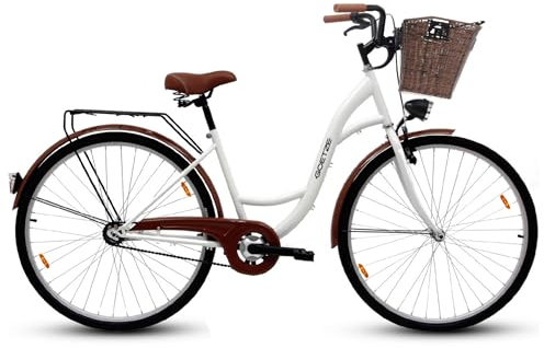 Goetze ECO 28 Zoll Damen Citybike, 18 Zoll Rahmen, Tiefeinsteiger, Rücktrittbremse & V-Brake, LED Beleuchtung, Gepäckträger, Komfortsattel & Schutzbleche, inkl. Abnehmbarer Rattan Korb