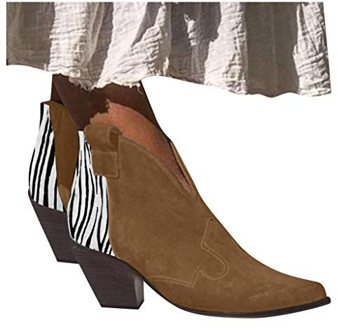 Stivali occidentali da donna in pelle scamosciata, con motivo zebrato, comodi stivali corti alla moda, eleganti per autunno e inverno, cachi, 42 EU