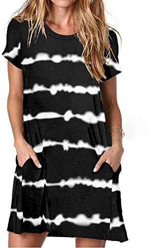 Ancapelion Women's Tie Dye Black Striped T Shirt Dresses Short Sleeve Loose Mini Tunic Dress for Women