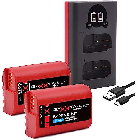Baxxtar Pro DMW-BLK22-E Batterie Pack (2400mAh) avec Mini LCD Double Chargeur (USB-C/MicroUSB) Compatible avec Panasonic Lumix DC S5 S5D S5K S5-X S5II S5-IIX GH5 GH5-II GH5S GH6 G9