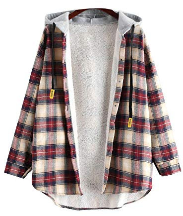 Onsoyours Kariertes Knöpfen Taschen Oversize Mantel Jacke Hemdjacke Holzfällerjacke Damen Mode Plaid Fleece Jacke Mit Kapuze (XL, 01 Rot)
