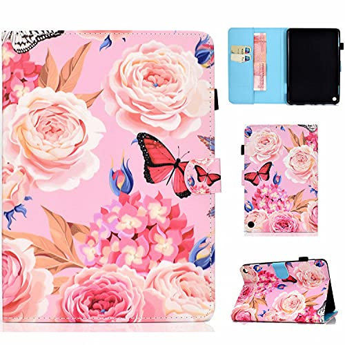 MUTOUREN Custodia per Amazon Fire HD 8 e Fire HD 8 Plus (10a Generazione, Modello 2020), Cover in Pelle PU a Portafoglio Ultra Sottile Protettiva Case con Auto Sveglia/Sonno, Rose e farfalla