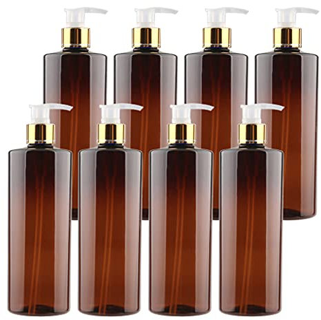 ZEOABSY Pack of 8, Empty 500ml Dispenser Pump Bottle Brown PET Plastic Bottle Gold/Transparent Lotion Pump Refillable Bathroom Shampoo Body Oil Bottle