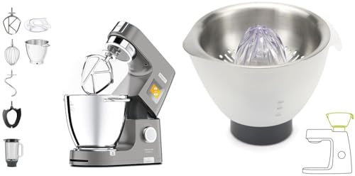 Kenwood KWL90.034SI Impastatrice Planetaria Titanium Chef Patissier XL con Ciotola EasyWarm da 7L & AT312 - Accessorio Spremiagrumi per Impastatrice Planetaria, 0.6 L, Bianco/Argento