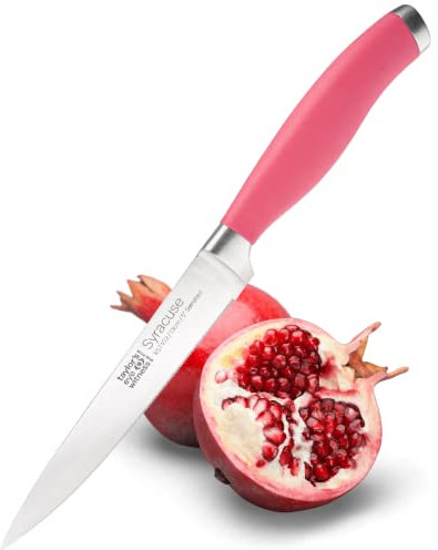Steel 13cm/5 Serrated Utility Knife - Taylors Eye Witness Raspberry Syracuse Collection, Ultra Fine Cutting Edge, Razor Sharp Blade. Soft Textured Grip with Pastel Pink Rubberised Handle.