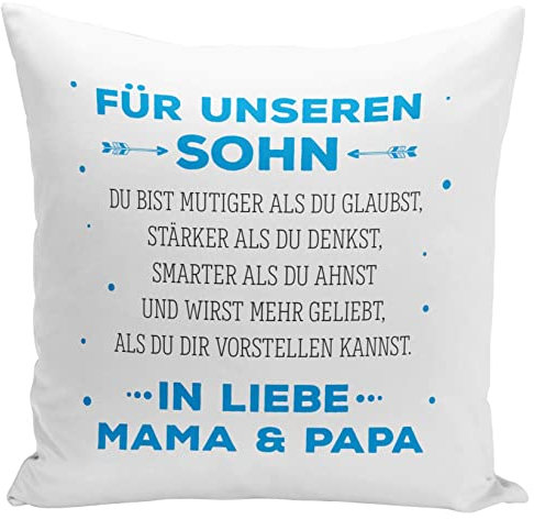Tassenbrennerei Kissen mit Spruch Für unseren Sohn von Mama und Papa - Geschenk für Kind von Eltern