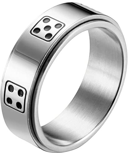 JewelryWe Würfel Fidget Angst Ring: 8MM Silber Edelstahl Drehbarer Glückswürfel Fingerring Anti Stress Spinner Ring Unisex Glücksring Spinnring Band Gravur Schmuck Geschenk für Herren Damen Größe 54