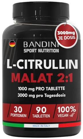 Bandini® CITRULLINE MALATE 90 Compresse 3000 mg per Dose Giornaliera - Dosaggio Extra-Elevato (Copertura 1 mese) - L-Citrullina da fermentazione 100% Vegan - Citrullina per Atleti e Culturisti