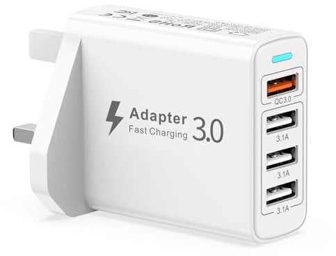 Multi USB Charger Plug UK, 4-Port USB Wall Charger with Quick Charge 3.0 for iPhone 14 Pro Max, iPad, Samsung S23/S22/S21, Huawei