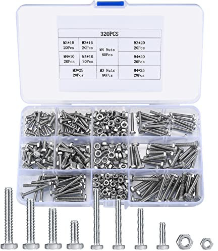 qiwuhai Set di 320 Viti e Dadi Esagonali, M3/M4, in Acciaio Inox, Viti per Macchine, Viti Filettate con Filetto Completo (320)