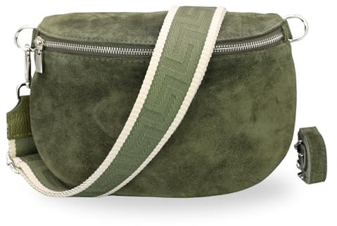 BRISE Bauchtasche Damen Wildleder AFIA Handgemachte Umhängetasche Crossbody Bag mit Ledergurt + Optionalen Breiten Gemusterten Riemen 3 Fächer Stylische Hüftltasche Made in Italy (Khaki - 3)