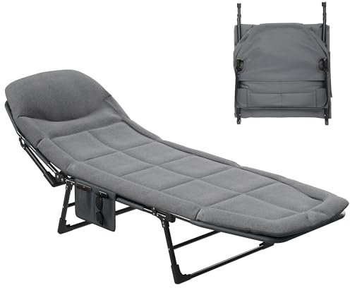 YITAHOME Chaise Longue avec Coussin, 200x65x32cm Lit de Camping Inclinable sur 5 Positions, Pliable & Portable, Charge Max. 200 kg, Chaise Longue pour Jardin, Piscines, Camping, Gris