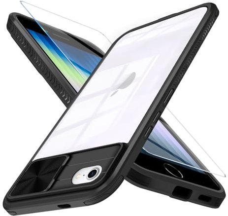 Handyhülle für iPhone SE 8 7 Hülle mit Schutzfolie, Kameraschutz Magnetkraft Schutzhülle Phone SE 2022 Dünn Transparent Clear Hard Stoßfest Bumper Case für iPhone SE Magnetisch Panzerhülle (Schwarz)