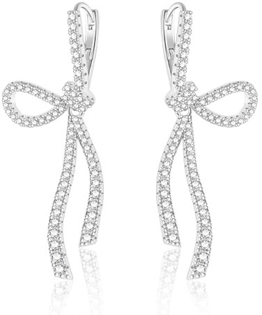 Silber Creolen Ohrringe lange Bogen, ASH'S CHOICE Bow Earrings Silber Ohrringe Schleifen für Damen, Ohrringe Hängende Silber Bogen Groß Tropfen Ohrringe Glitz Creolen mit AAA+ Strass Zirkon Kristall