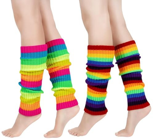 EQLEF Neon Leg Warmers, Rainbow Knee Warmers Knitted Leg Warmers for Women Girls Fashionable Color Leg Warmers for Retro 80s Theme Party Sports Yoga Casual