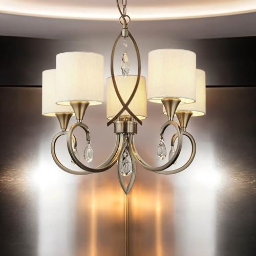 Licht-Erlebnisse Kronleuchter Messing Antik Natur Ø 52 cm 5-flammig E14 Stoff Metall Klassisch Hängelampe Wohnzimmer Hängeleuchte Esszimmer