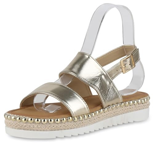 VAN HILL Damen Plateau Sandaletten Plateau Nieten Trendy Schuhe 215095 Gold 39