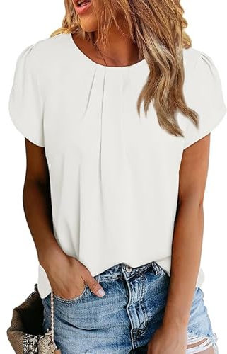 Dokotoo Damen Bluse Kurzarm Falten Tunika Elegant Chiffon Blusenshirt Sommer Rundhals Lose Oberteile Shirts Top, weiß, XL