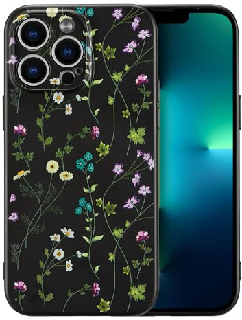 RALEAVO Case for iPhone 13 Pro, Cute Flower Silicone Floral Cover, Black | For iPhone 13 Pro Liquid Silicone Phone Case, for Girls Women Aesthetic Flowers Shockproof Protective Soft Cover