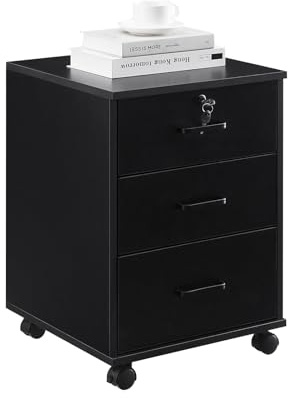 CLIPOP Rollcontainer Abschließbare mit 3 Schubladen,40 x 40 x 57 cm,Schwarz | Mobiler Aktenschrank Büroschrank mit Rollen,Unter Schreibtisch Schrank für A4 Papier und Aktenordner