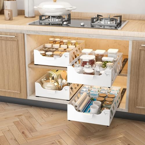 KANCAMPI Ausziehbare schublade küche Schrank organizer,2PCS-Teleskopschublade gewürz organizer ohne bohren küchen schrank organizer,Schubladen organizer küche,spülschrank organizer ausziehbar,Weiß