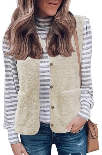 CheChury Gilet en Molleton Polaire Doux Sans Manche Coupe Classique Femme Grandes Taille Filles Couleur Unie Blouson Mode Bouton Matelassée Manteaux Sans Manches Femme Chaud Polaire Veste avec Poches