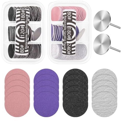 BELICOO 120Pcs Sanding Paper Disc w/ 2 Metal Bit, 80/120/180/240 Grit Round Pedicure Replacement Sanding Discs for Electric Nail File Bits, Foot File Sandpaper Discs for Dead Skin Foot Callus Remover