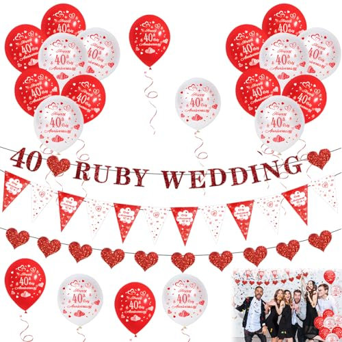 40th Anniversary Decorations Set, Wedding Decorations, Party Supplies,40th Ruby Wedding Glitter Banners, 40th Anniversary with Red Heart Bunting for Party Decorations