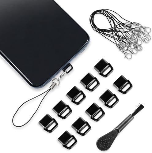 AOZUO 10 Stück USB C Staubstecker Abdeckung, Typ C Port Stecker mit 10 Stück Lanyard Telefonringband und Reinigungsbürste, Ladeanschluss Abdeckung USB C Port Kappen für Mobiltelefone (Schwarz)