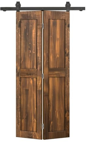 34 in. x 84 in. 2 Panel Shaker Hollow Core Walnut Pine Wood Bi-Fold Door with Sliding Barn Door Hardware Kit