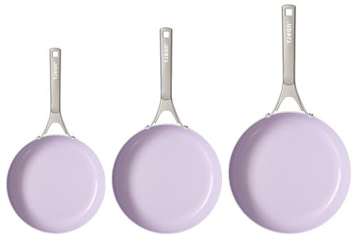 Tjean Antihaft Keramikpfannenset (Ohne PFTE, PFOA, PFAS) mit Edelstahlgriff, geeignet für Induktions-, Gas-, Elektrokochfelder und den Ofen bis 280°C (Flieder, 20+24+28 cm)