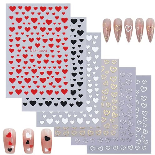Heart Nail Stickers,6 Sheets Valentine's Day Love Heart Nail Art Stickers Self-Adhesive,Gold Silver Black White Red Nail Art Decorations Nail Decalsfor Nail Art Design Accessories