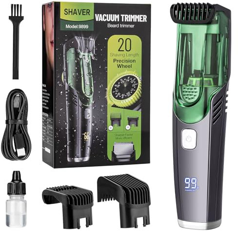 Vacuum Beard Trimmer for Men, Rechargeable Mustache Trimmer with Adjustable Length Comb (1-20MM), IPX6 Waterproof Built-in, Mustache and Stubble -Green
