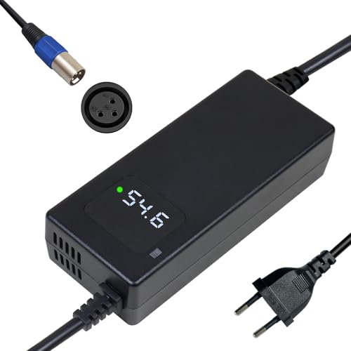 Cargador batería 54,6V 2A, para batería de Litio de 48V, con Pantalla LED y múltiples Funciones de protección y reparación, Certificado CE, Equipado con Conector de Pines XLR