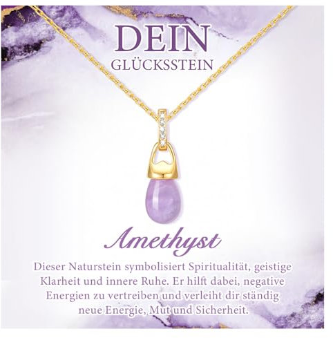 FLHEART Amethyst Kette Damen Halsketten für Frauen - 14K Vergoldet Schmuck Glückskette mit Naturstein Amethyst Anhänger, Kristall Glücksstein Halskette, Heilsteine Kette Geschenke für Frauen