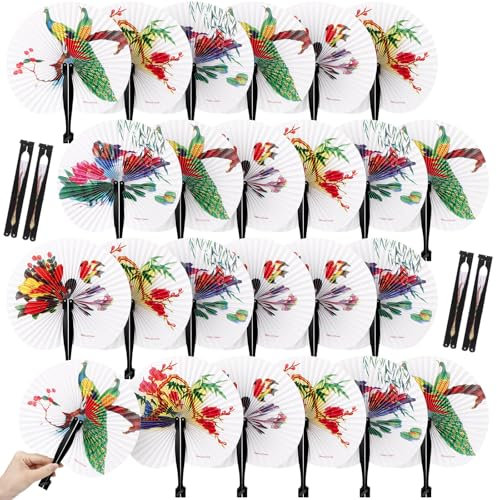 Geelin Chinesischer Handfächer aus Papier, faltbar, chinesisch, orientalisch, Blumenmotiv, runde Form, Akkordeon-Fächer mit Kunststoffgriff, für Hochzeit, Geburtstag, Party, Gastgeschenke
