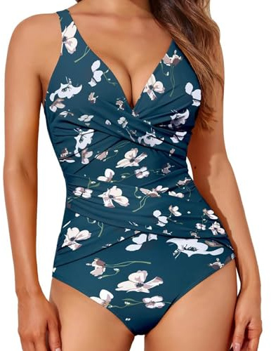 Angxiwan One Piece Swimming Costume Women Tummy Control Slimming Swimwear Casual Front Cross V Neck Bathing Suits Adjustable Strap Ruched Push up Swimsuit Swimwear