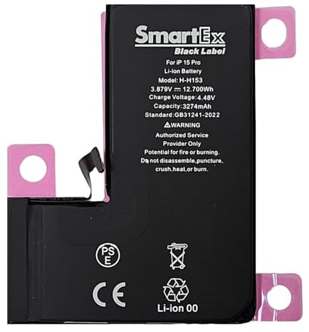 Smartex® Black Label Battery compatible with iPhone 15 Pro - Capacity 3274 mAh - 2 Years Warranty